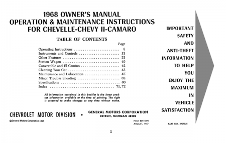1968 Chevrolet Camaro, Chevelle, Chevy II Owner's Manual