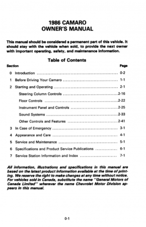 1986 Camaro Owner's Manual Instruktionsbok 