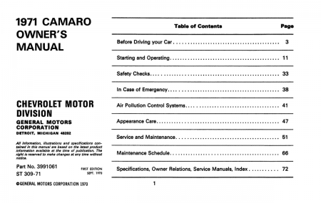 1971 Chevrolet Camaro Owner's Manual - COLOR