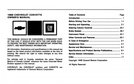 1989 Corvette Instruktionsbok