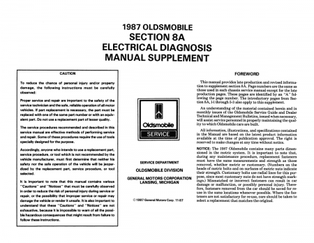 1987 Oldsmobile Cutlass Supreme & Salon Service Manual - Includes 8A Electrical Diagnosis Update Supplement