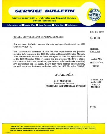 1960 Chrysler C300-F Service Bulletin