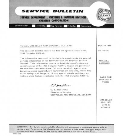 1961 Chrysler C300-G Service Bulletin