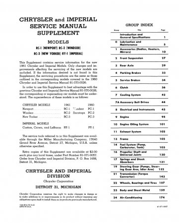 1961 Chrysler & Imperial Service Manual Supplement