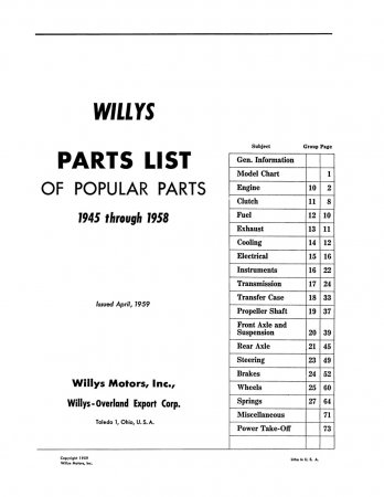1945-1958 Willys Parts List of Popular Parts & Accessories