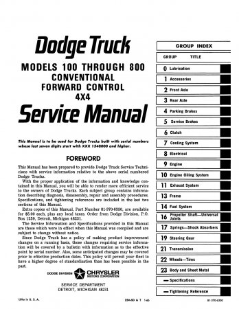1966 Dodge Truck 100-800 Service Manual