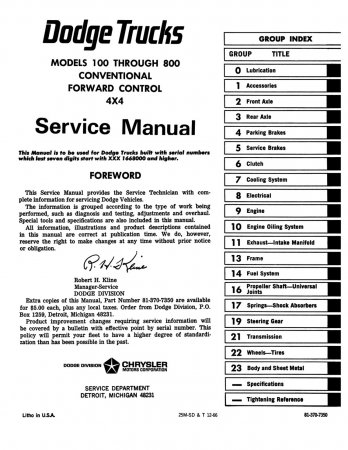 1967 Dodge Truck 100-800 Service Manual