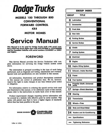 1969 - 1971 Dodge Truck 100-800 Service Manual