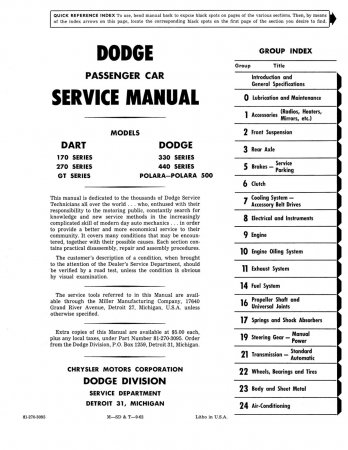 1963 Dodge Dart Polara Service Manual