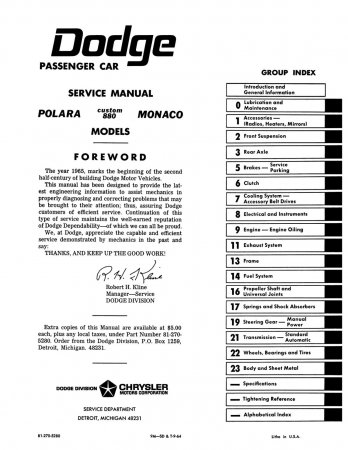 1965 Dodge Polara, Custom 880, & Monaco Service Manual