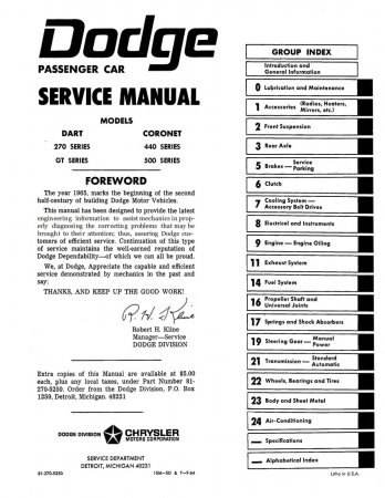 1965 Dodge Dart Coronet Service Manual