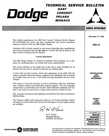 1966 Dodge Charger Service Bulletin