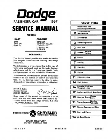 1967 Dodge Dart Coronet and Charger Service Manual