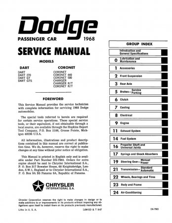1968 Dodge Dart Coronet and Charger Service Manual