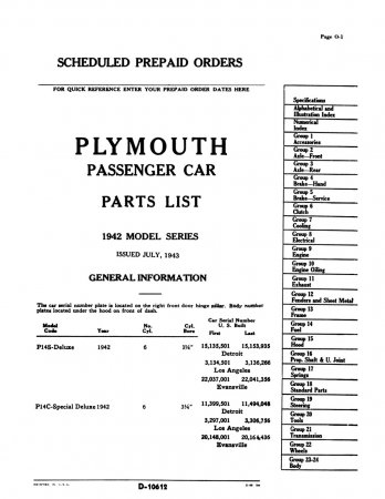 1942 Plymouth Passenger Car Parts List