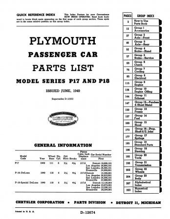  1949 Plymouth Passenger Car Parts List-Model Series P17, P18