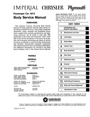 1973 Plymouth Chrysler & Imperial Body Service Manual