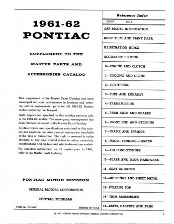 1961-62 Pontiac Master Parts and Accessories Catalog Supplement