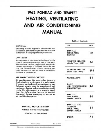 1962 Pontiac Heating Ventilation and AC Manual