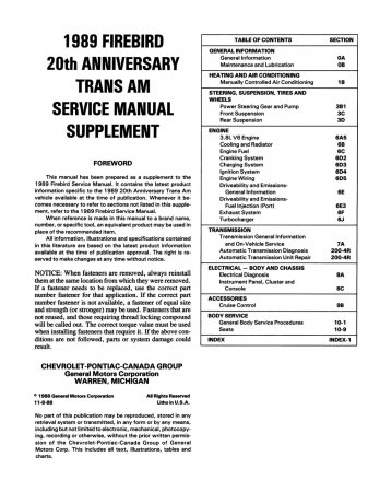 1989 Pontiac Trans Am 20th Century Service Manual Supplement
